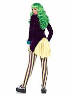 Kvinnelig Joker fra Batman, kostyme-topp og -leggings, bånd, volangkant, fløyel, loddrette striper